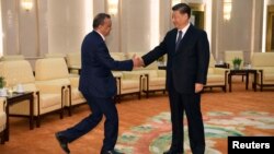 中国国家主席习近平在北京人大会堂会晤到访的世界卫生组织总干事谭德塞。(2020年1月28日)