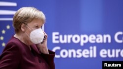 ဂျာမဏီ ဝန်ကြီးချုပ် Angela Merkel ကို Belgium နိုင်ငံ Brussels မြို့မှာ တွေ့ရ။ (အောက်တိုဘာ ၁၆၊ ၂၀၂၀)