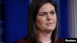 资料照:曾在特朗普政府担任白宫发言人的萨拉·哈克比·桑德斯。(2018年10月3日)