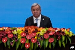 联合国秘书长安东尼奥·古特雷斯(Antonio Guterres)在北京人大会堂出席一带一路论坛是发表讲话。(2023年10月18日)