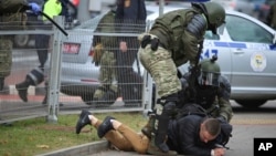 白俄罗斯示威者在抗议总统选举结果的集会上被捕。(2020年11月1日)